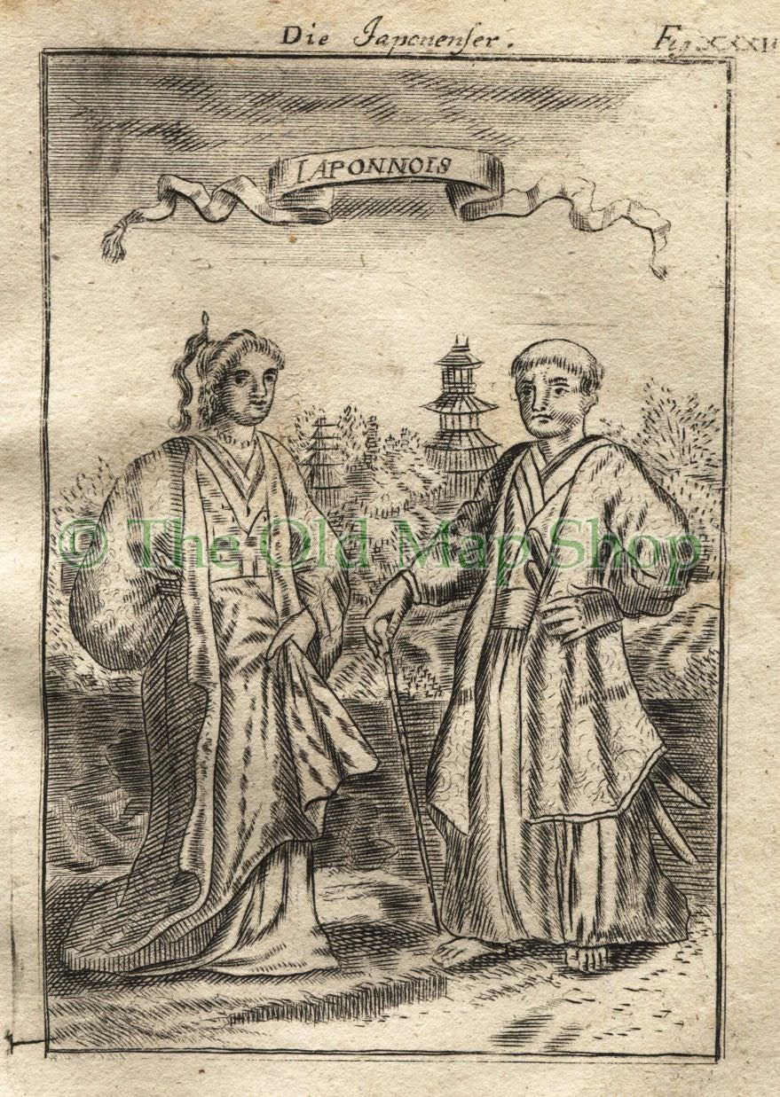 1719 Manesson Mallet "Japonnois" Japan Costume, Samurai Sword, Katana, Antique Print published by Johann Adam Jung
