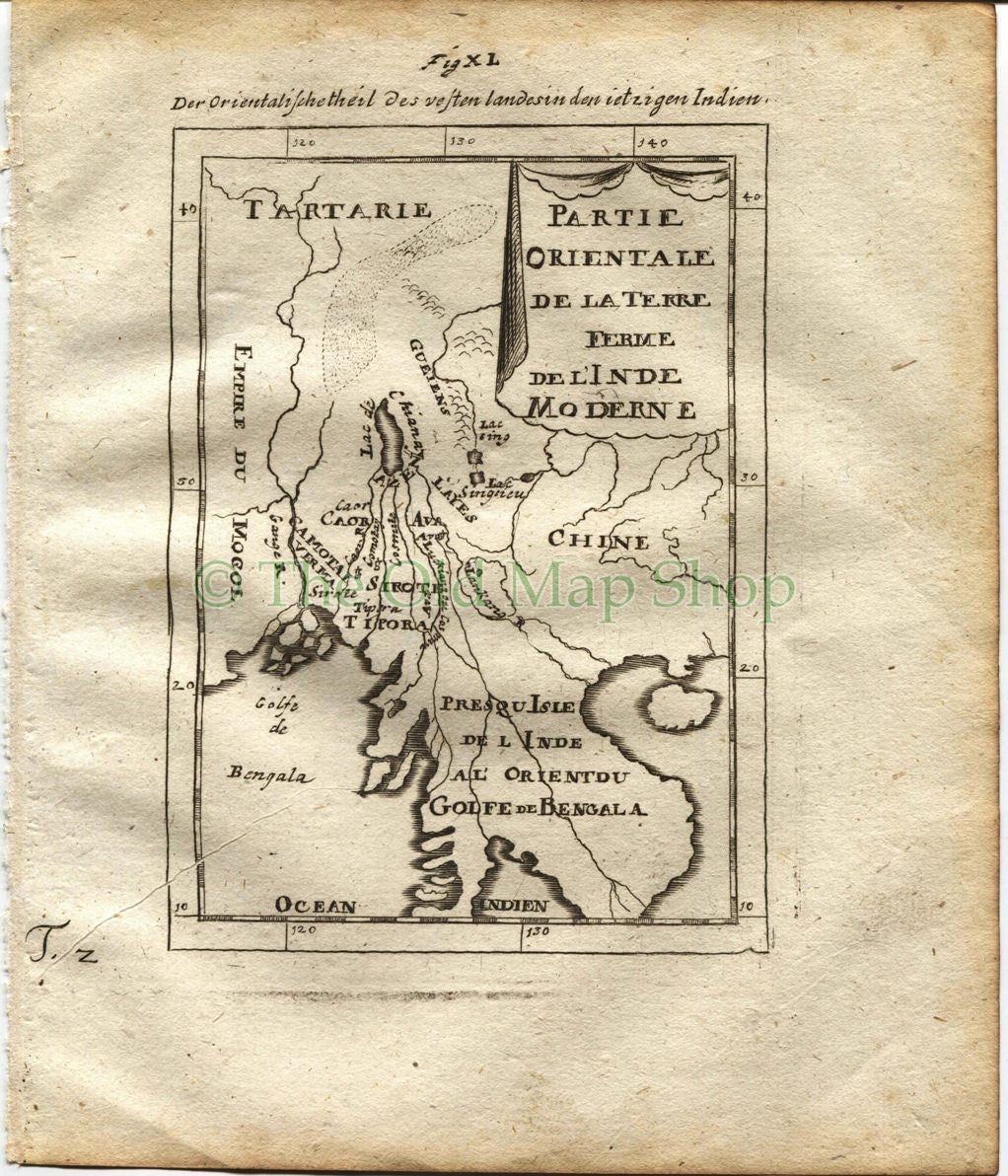 1719 Manesson Mallet "Partie Orientale de la Terre Ferme de L'Inde" India Thailand China, Antique Map published by Johann Adam Jung