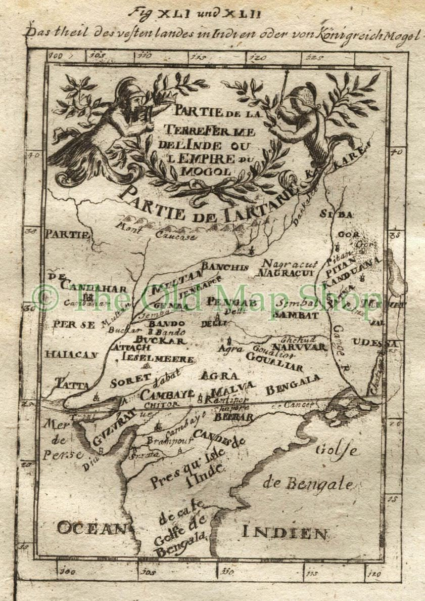 1719 Manesson Mallet "Partie de la Terre Ferme de l'Inde" Mogul Empire India, Antique Map published by Johann Adam Jung