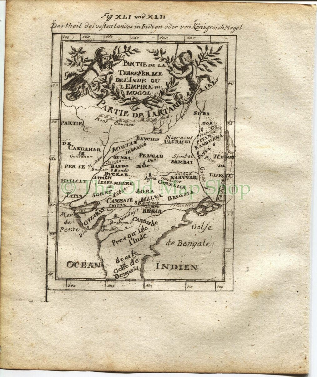 1719 Manesson Mallet "Partie de la Terre Ferme de l'Inde" Mogul Empire India, Antique Map published by Johann Adam Jung