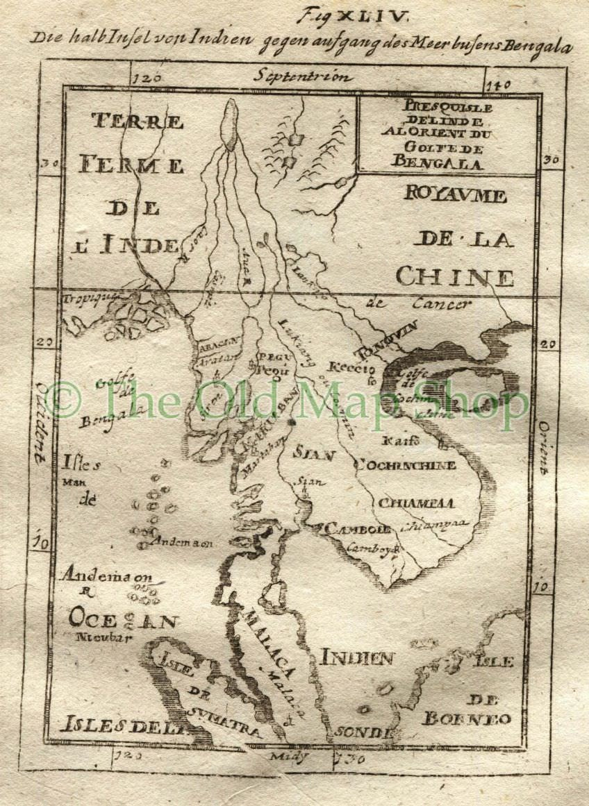 1719 Manesson Mallet "Presquisle de l'Inde a l'Orient du Golfe de Bengala" India, Malaysia, China, Antique Map published by Johann Adam Jung