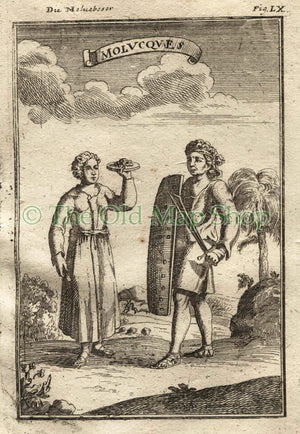 1719 Manesson Mallet "Molucques" Costume, East Indies, Moluccas Maluku, Antique Print published by Johann Adam Jung