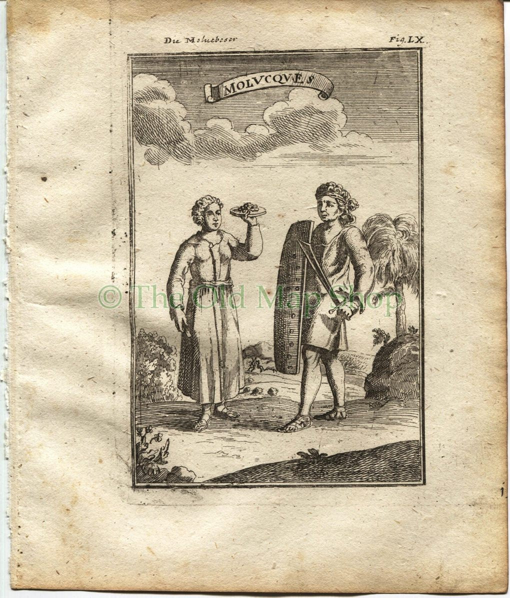 1719 Manesson Mallet "Molucques" Costume, East Indies, Moluccas Maluku, Antique Print published by Johann Adam Jung