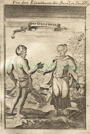 1719 Manesson Mallet "Habitans des Isles de la Sonde" Costume Sunda Java Indonesia, Antique Print published by Johann Adam Jung