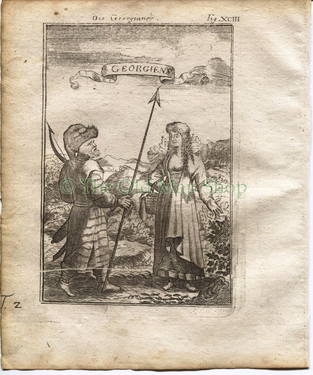 1719 Manesson Mallet "Georgiens" People Costume, Georgia, Antique Print published by Johann Adam Jung