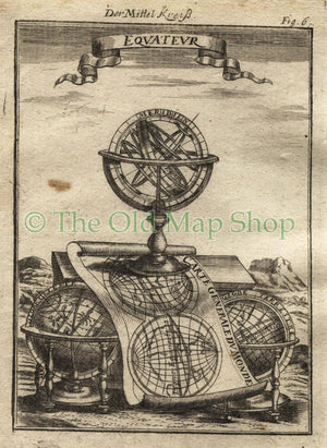 1719 Manesson Mallet "Equateur, Equator, Armillary Sphere fig. 6" Celestial Antique Print published by Johann Adam Jung