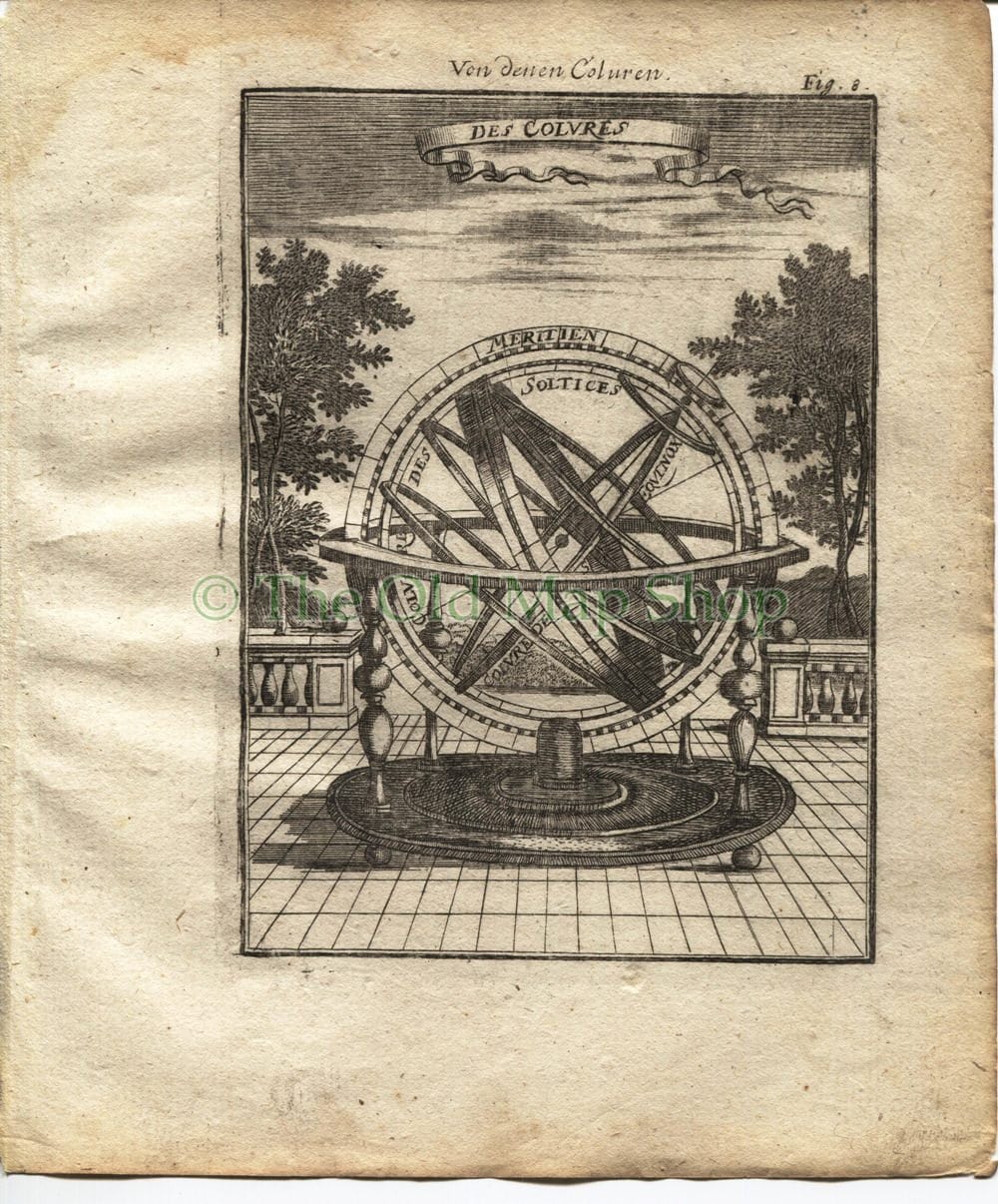 1719 Manesson Mallet "Des Colures, Armillary Sphere fig. 8" Celestial Antique Print published by Johann Adam Jung