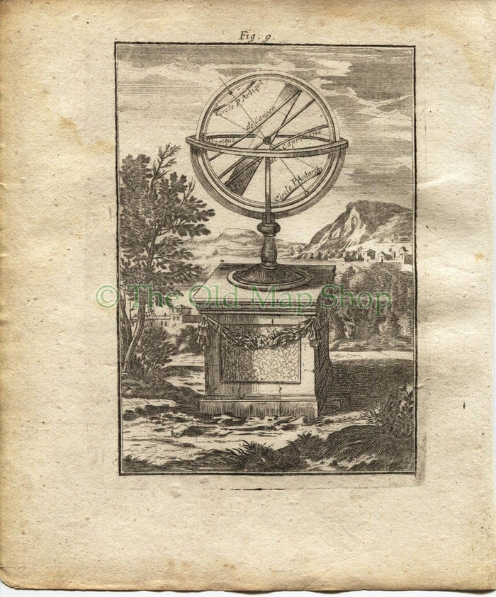 1719 Manesson Mallet Armillary Sphere fig. 9 Celestial Antique Print published by Johann Adam Jung