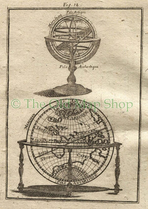 1719 Manesson Mallet Globe & Armillary Sphere fig. 12 Celestial Antique Print published by Johann Adam Jung