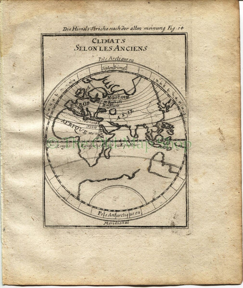 1719 Manesson Mallet "Climats selon les anciens" Eastern Hemisphere, Australia, Africa, Asia, Antique Map published by Johann Adam Jung