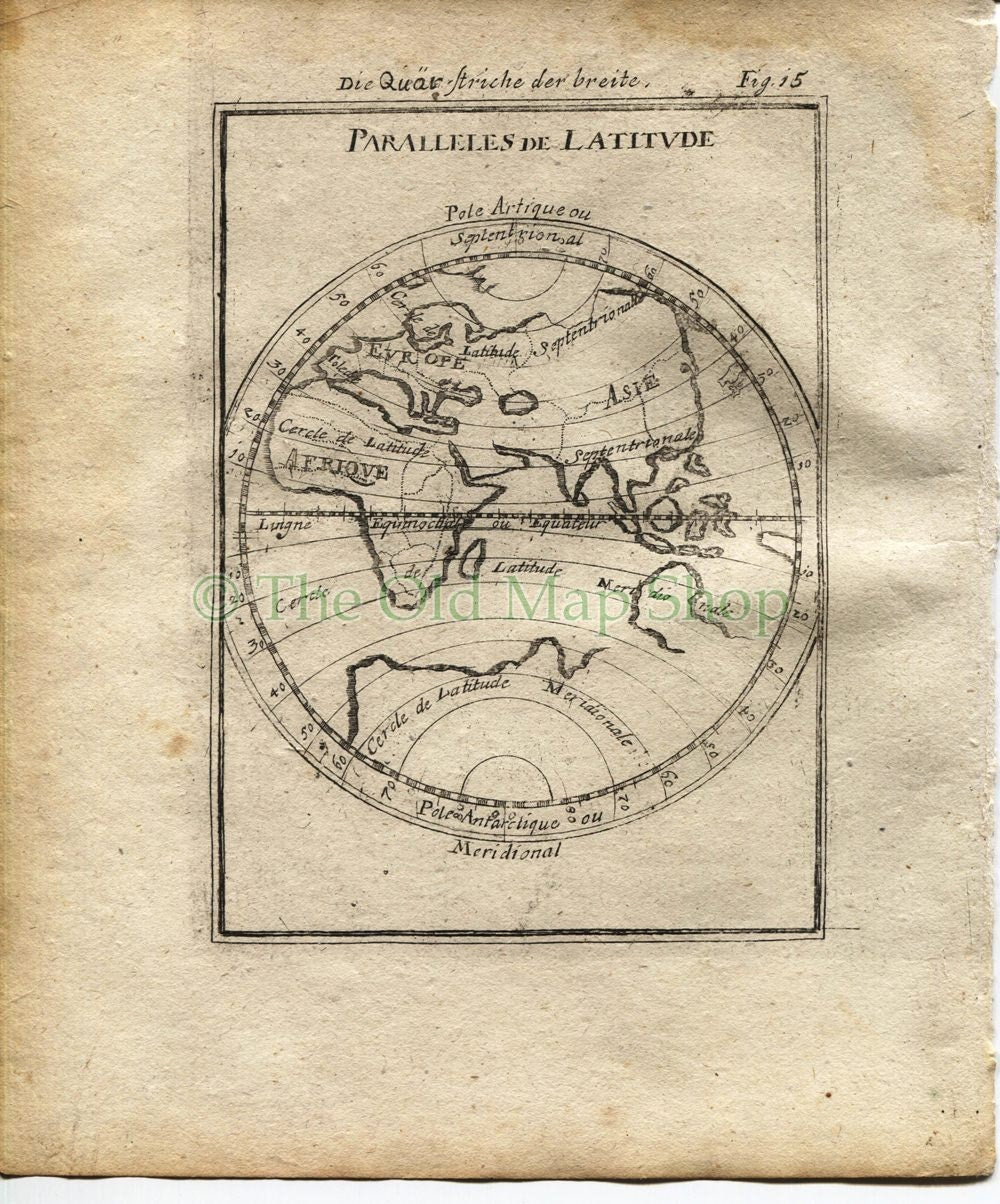 1719 Manesson Mallet "Paralleles de Latitude" Eastern Hemisphere, Australia, Africa, Asia, Antique Map published by Johann Adam Jung