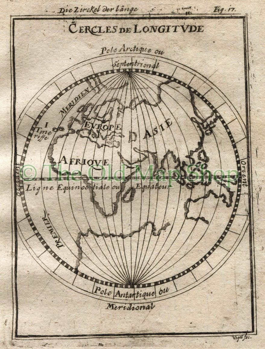 1719 Manesson Mallet "Cercles de Longitude" Eastern Hemisphere, Australia, Africa, Asia, Antique Map published by Johann Adam Jung