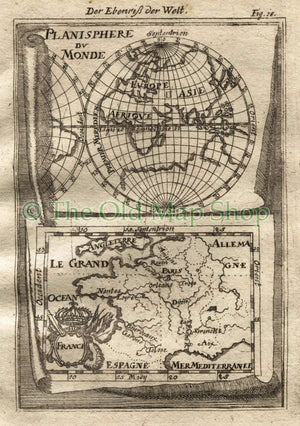 1719 Manesson Mallet "Planisphere du Monde & France", Australia, Africa, Asia, Antique Map published by Johann Adam Jung
