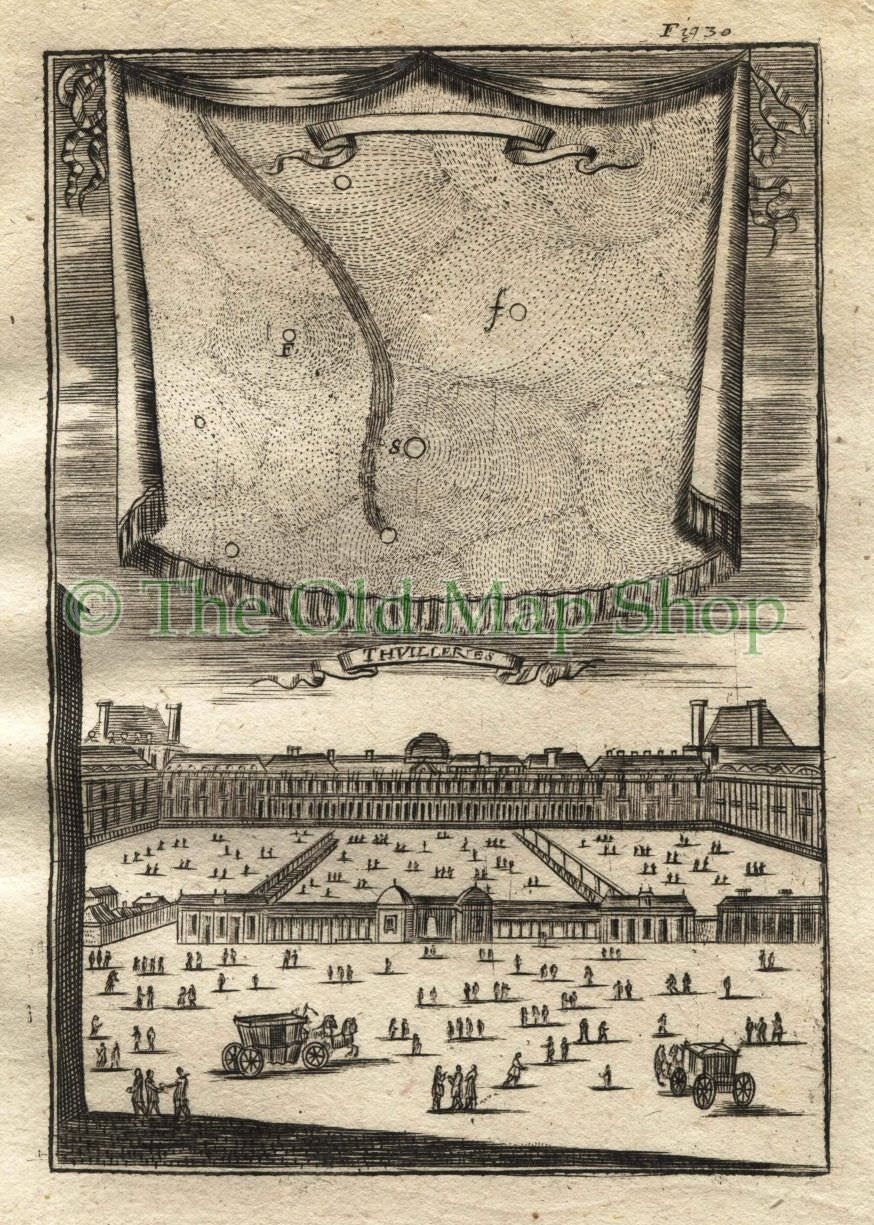 1719 Manesson Mallet "Thuilleries" Paris Louvre France, Tuileries Palace, Stars, Astronomy, Antique Print published by Johann Adam Jung