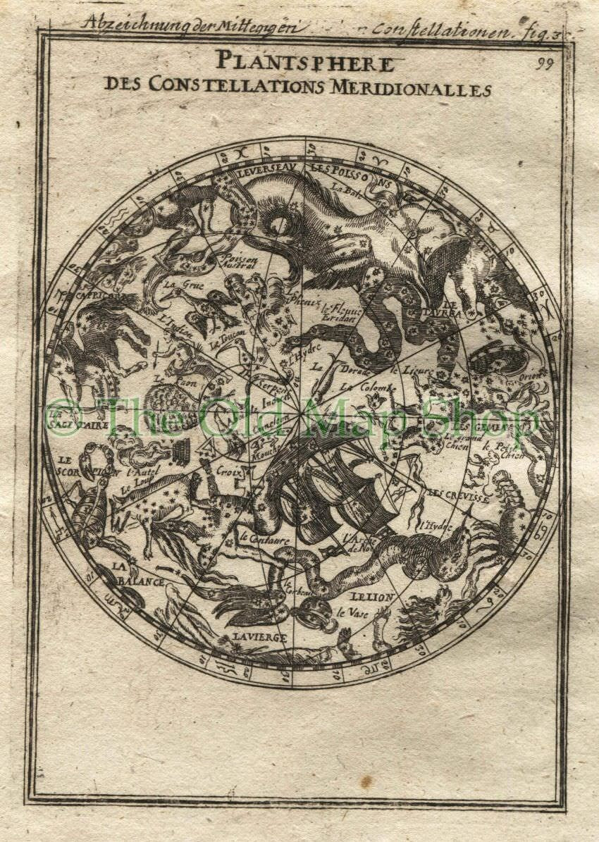 1719 Manesson Mallet "Planisphere des Constellations Meridionalles" Southern Night Sky, Celestial, Astronomy, Antique Map Print