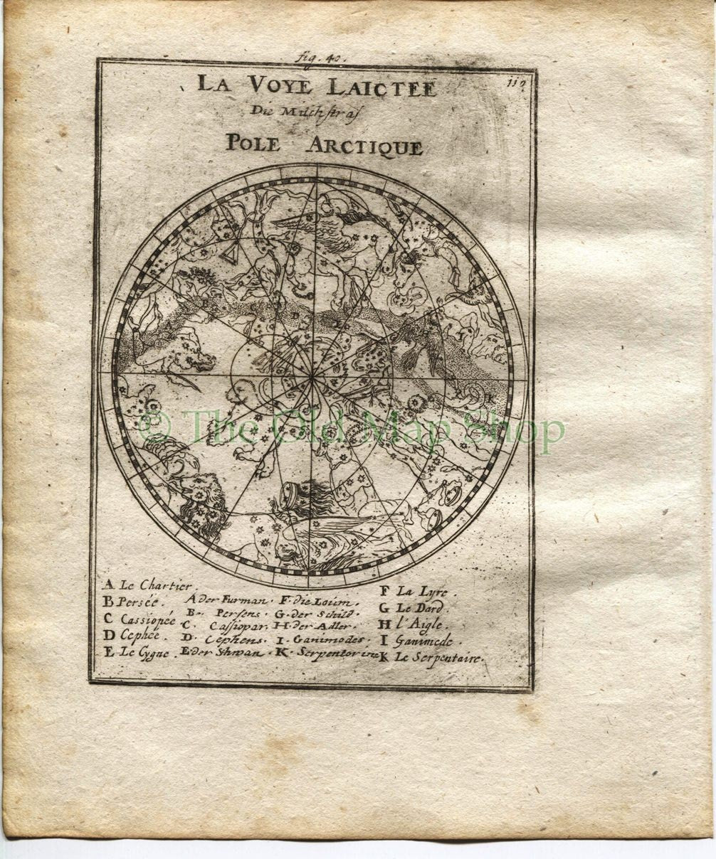 1719 Manesson Mallet "La Voye Laictee, Pole Arctique" Northern Sky, Milky Way, Star Constellation Map, Celestial, Astronomy, Antique Print