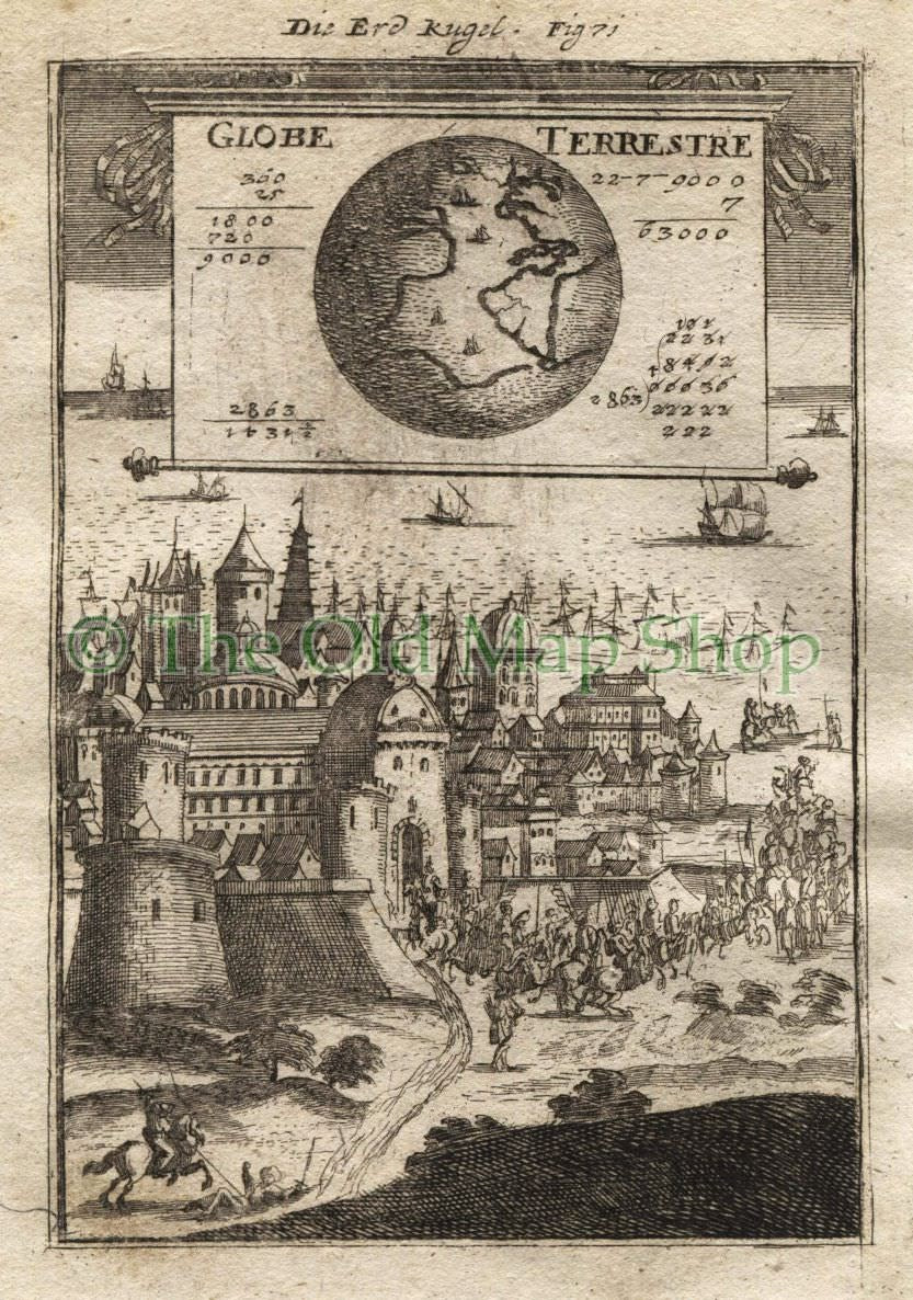1719 Manesson Mallet World Map "Globe Terrestre", Antique Print, published by Johann Adam Jung
