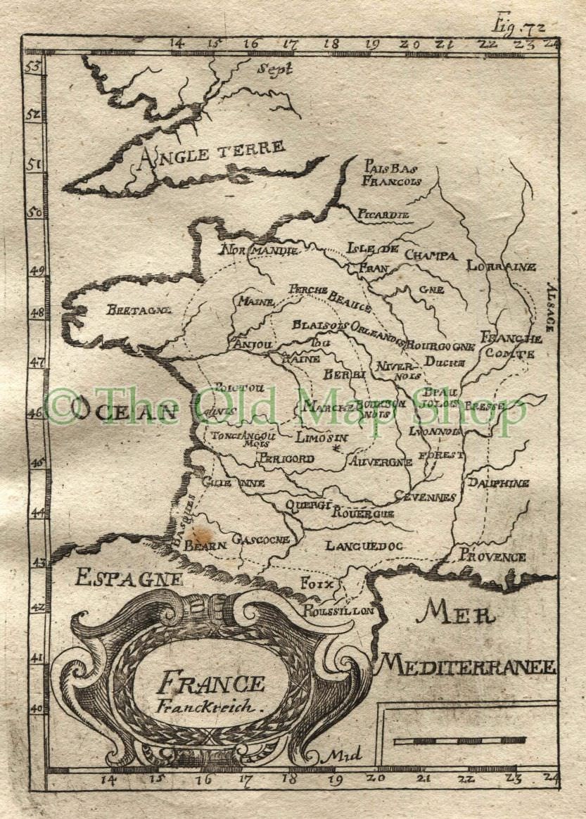1719 Manesson Mallet "France" Map, Antique Print, published by Johann Adam Jung