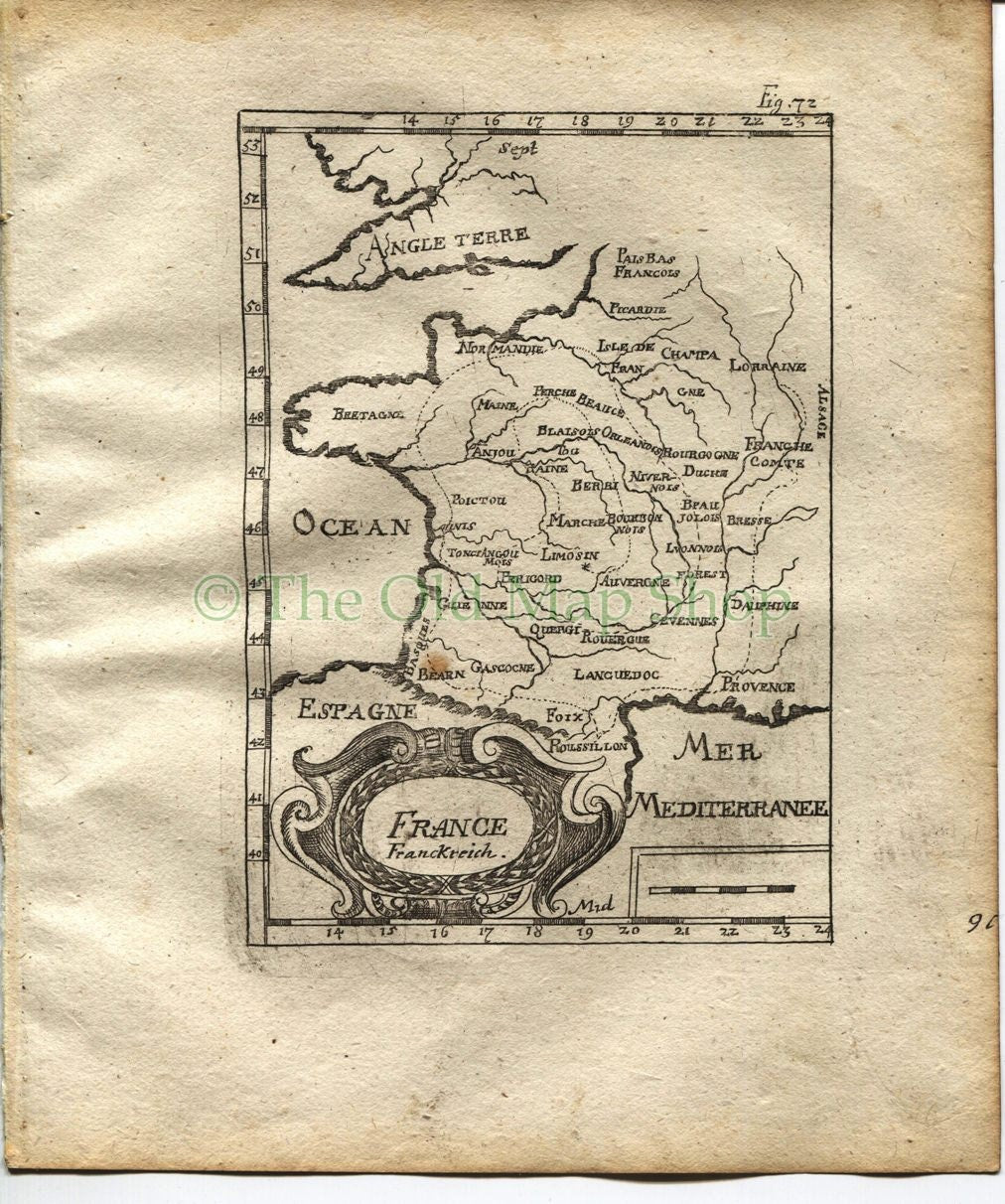 1719 Manesson Mallet "France" Map, Antique Print, published by Johann Adam Jung