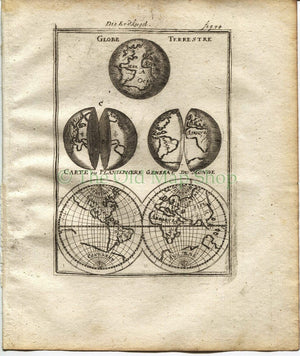 1719 Manesson Mallet World Map "Globe Terrestre; Carte ou Planisphere General du Monde" published by Johann Adam Jung