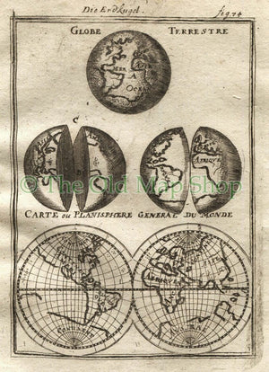 1719 Manesson Mallet World Map "Globe Terrestre; Carte ou Planisphere General du Monde" published by Johann Adam Jung