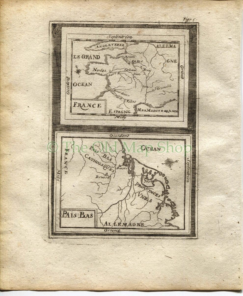 1719 Manesson Mallet "France; Pais-Bas" Pays-Bas, Netherlands, Map, Antique Print, published by Johann Adam Jung