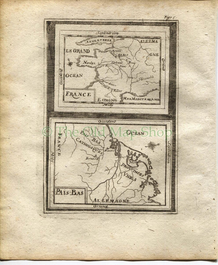 1719 Manesson Mallet "France; Pais-Bas" Pays-Bas, Netherlands, Map, Antique Print, published by Johann Adam Jung