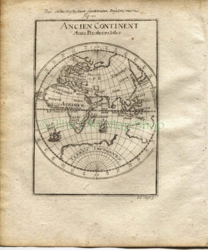 1719 Manesson Mallet "Ancien Continent Avec Plusieurs Isles" Eastern Hemisphere, Australia Africa Europe Asia World Map, Antique Print
