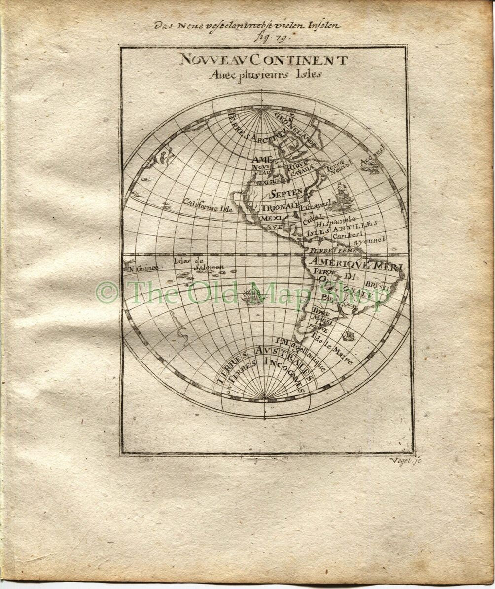 1719 Manesson Mallet "Nouveau Continent" Western Hemisphere, World Map, North South America, California Island, Antique Print