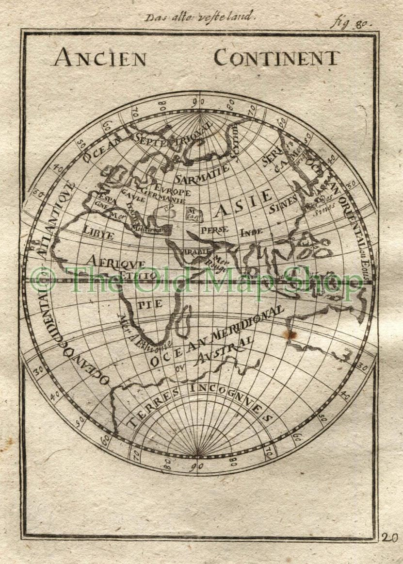 1719 Manesson Mallet "Ancien Continent" Eastern Hemisphere, Africa Europe Asia Map, Antique Print