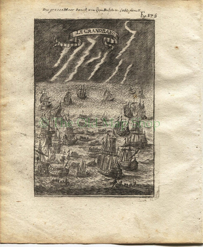 1719 Manesson Mallet "Le Grand Banc" Grand Bank, Newfoundland, Canada, Fishing, Lightning, Antique Print