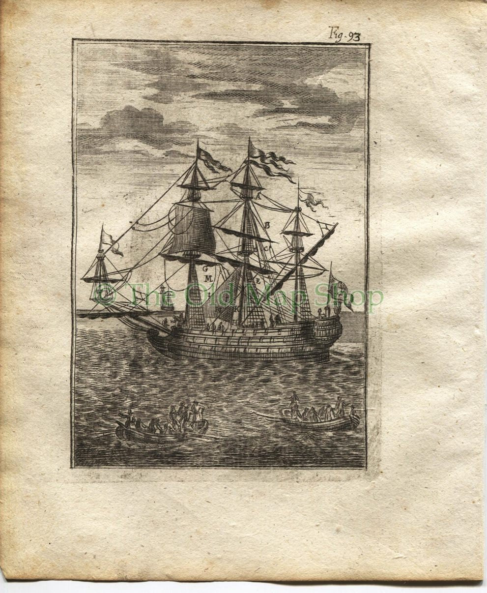 1719 Manesson Mallet Ships Rigging, Galleon, Ships Man-of-war, Frigate, Boats, Antique Print