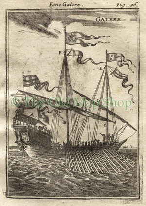 1719 Manesson Mallet "Galere" Rowing Warship, Ship, Sails, Rigging, Flags, Ropes, Antique Print