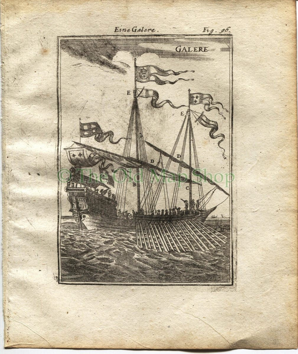 1719 Manesson Mallet "Galere" Rowing Warship, Ship, Sails, Rigging, Flags, Ropes, Antique Print