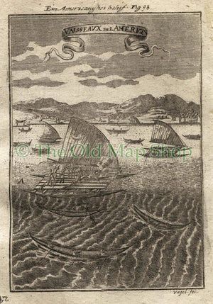 1719 Manesson Mallet "Vaisseaux de l'Ameriq" South America, Sailing Boats, Rafts, Antique Print