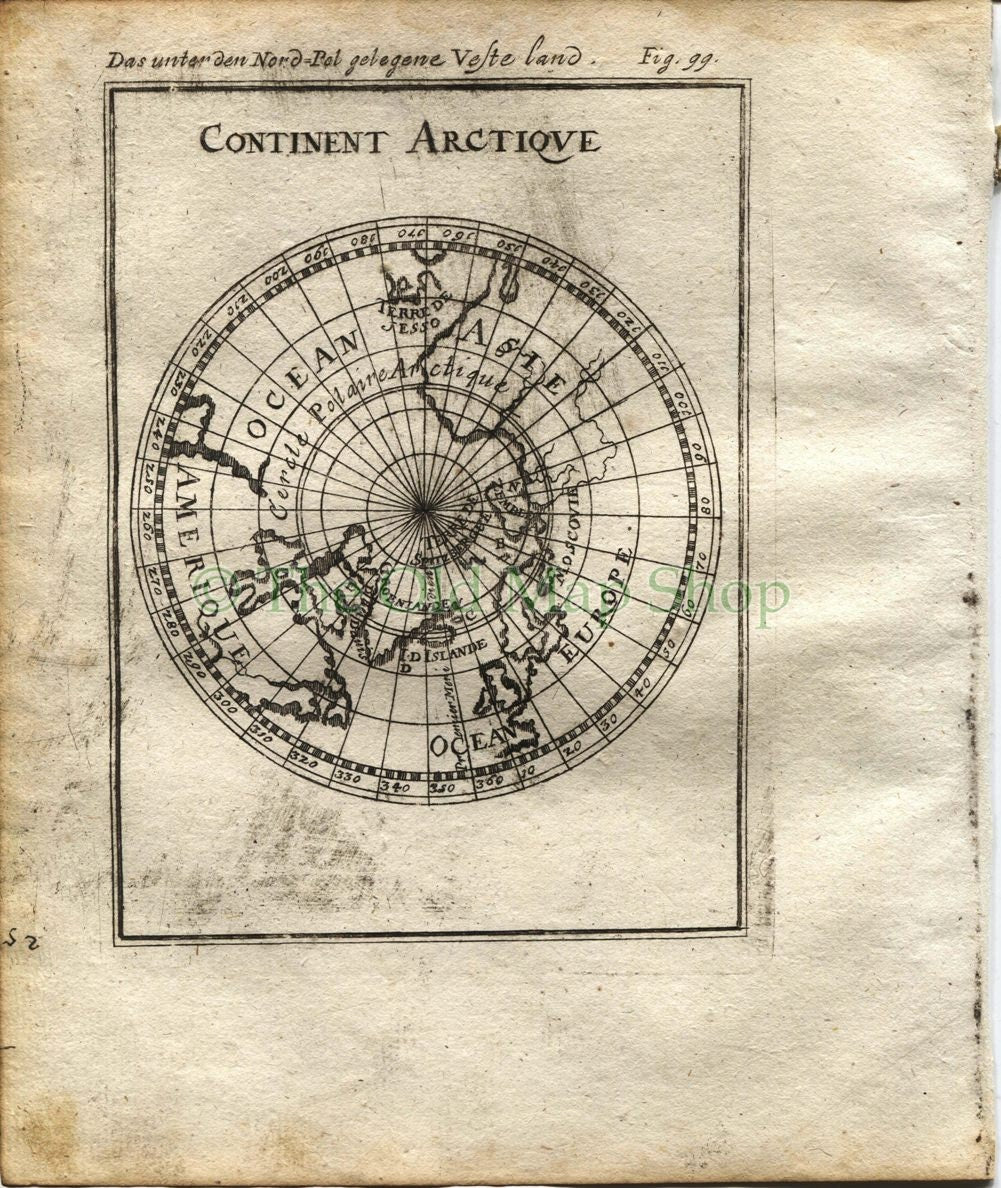 1719 Manesson Mallet "Continent Arctique" North Pole, Arctic, Northern Hemisphere, North America, Asia, Europe, World Map, Antique Print