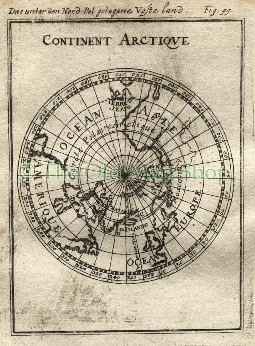 1719 Manesson Mallet "Continent Arctique" North Pole, Arctic, Northern Hemisphere, North America, Asia, Europe, World Map, Antique Print