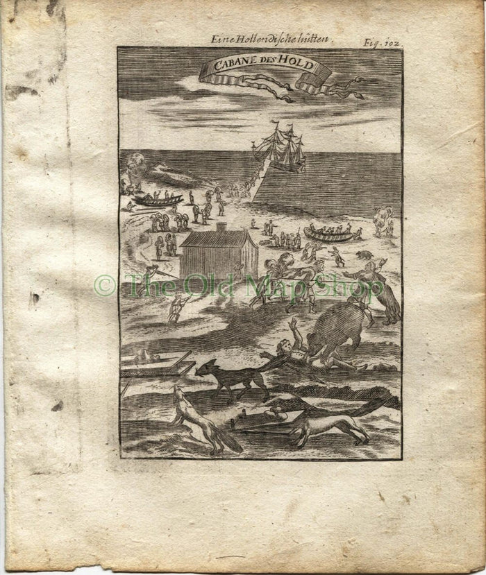 1719 Manesson Mallet "Cabane Des Hold" Willem Barentsz expedition to Novaya Zemlya, Russia, Polar Bears, Wolves, Antique Print