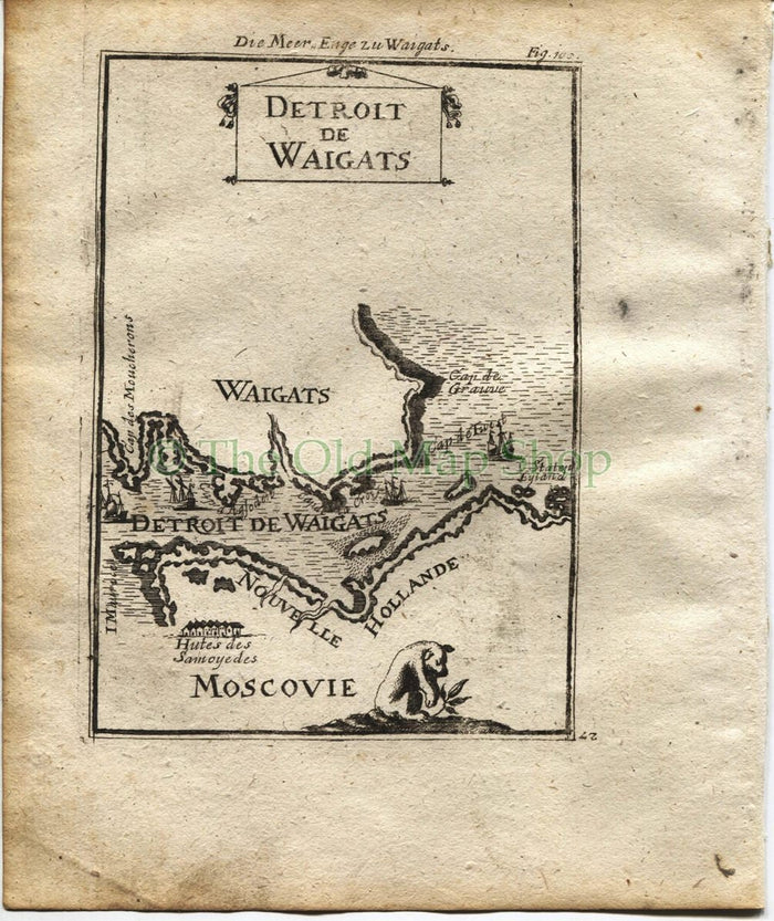 1719 Manesson Mallet "Detroit de Waigats" Russia Arctic, Yugorsky Strait, Vaygach Island, Antique Map, Print