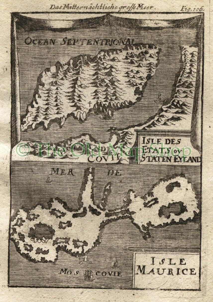 1719 Manesson Mallet "Isle des Etats ou Staten-Eyland; Isle Maurice" Russia, Dolgy Island, Ostrov Mestnyy, Antique Map, Print