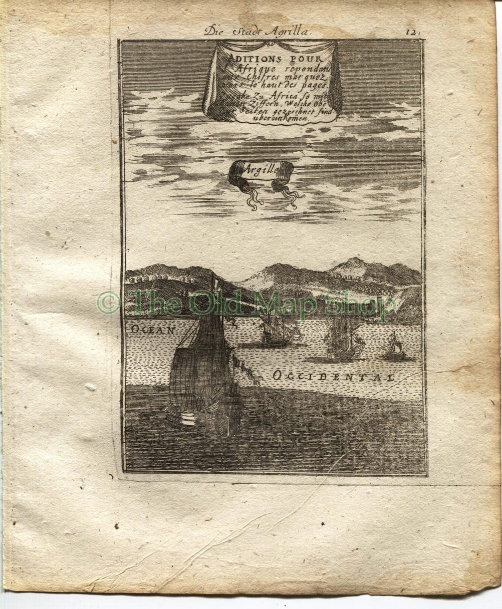1719 Manesson Mallet "Argille" Arzilla, Algiers, Alger, Algeria, North Africa, Ships, Port View, Antique Print