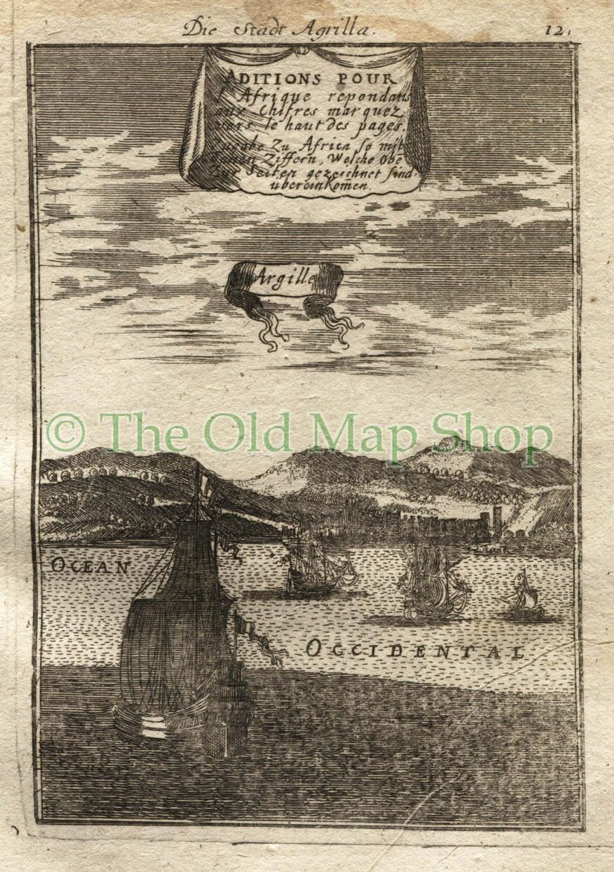 1719 Manesson Mallet "Argille" Arzilla, Algiers, Alger, Algeria, North Africa, Ships, Port View, Antique Print