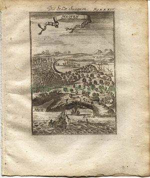 1719 Manesson Mallet "Suaquen" Suakin, Sudan, Red Sea Port, Boats, Antique Print