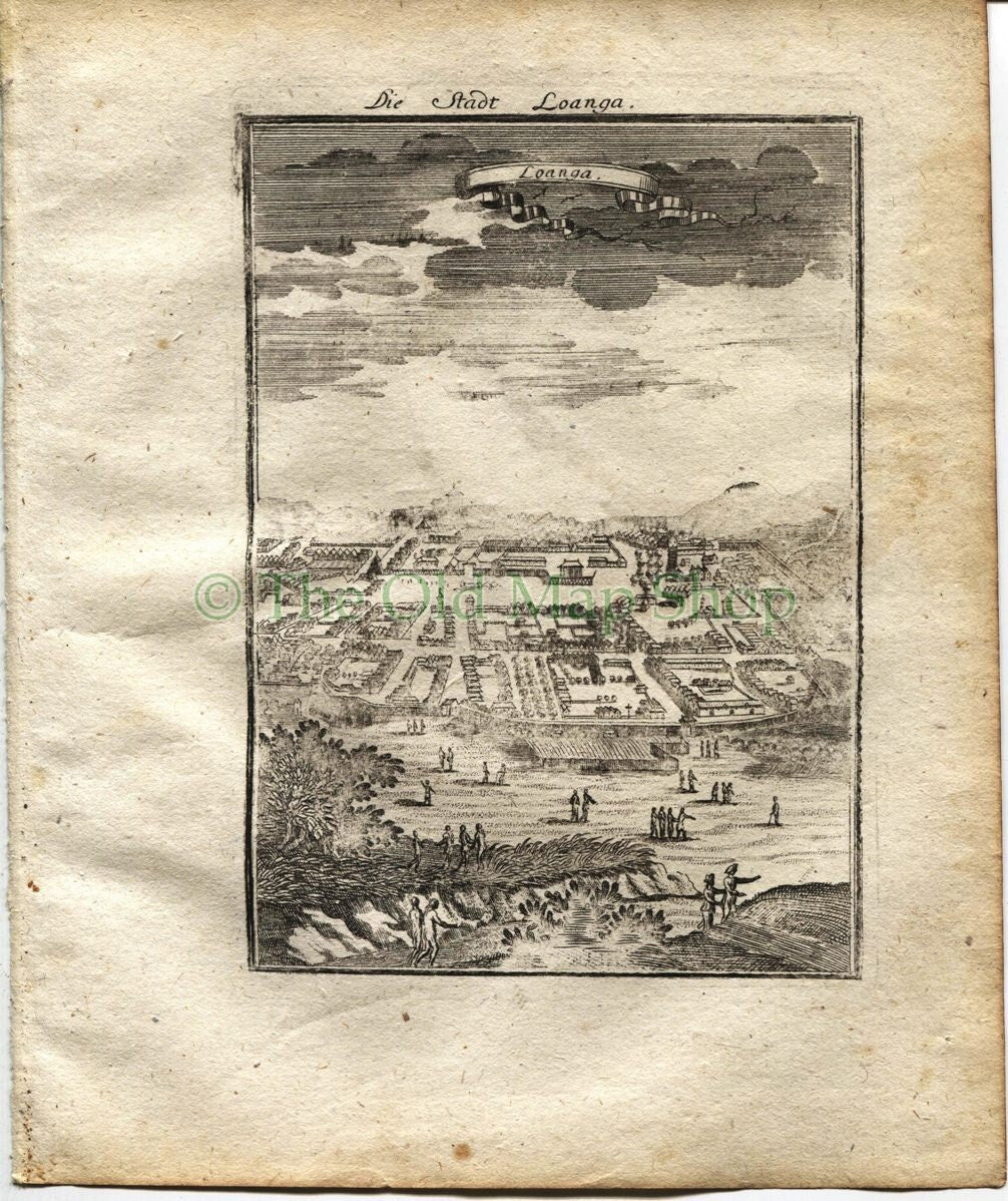 1719 Manesson Mallet "Loanga" Birds Eye View, Africa, Antique Print