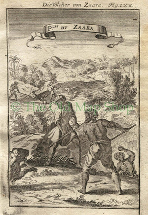 1719 Manesson Mallet "P.les du Zaara" Hunting Lions, Africa, Antique Print