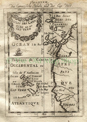 1719 Manesson Mallet "Isles des Canaries et du Cap Verd" Canary Islands, Cape Verde, Madeira, Antique Map, Print