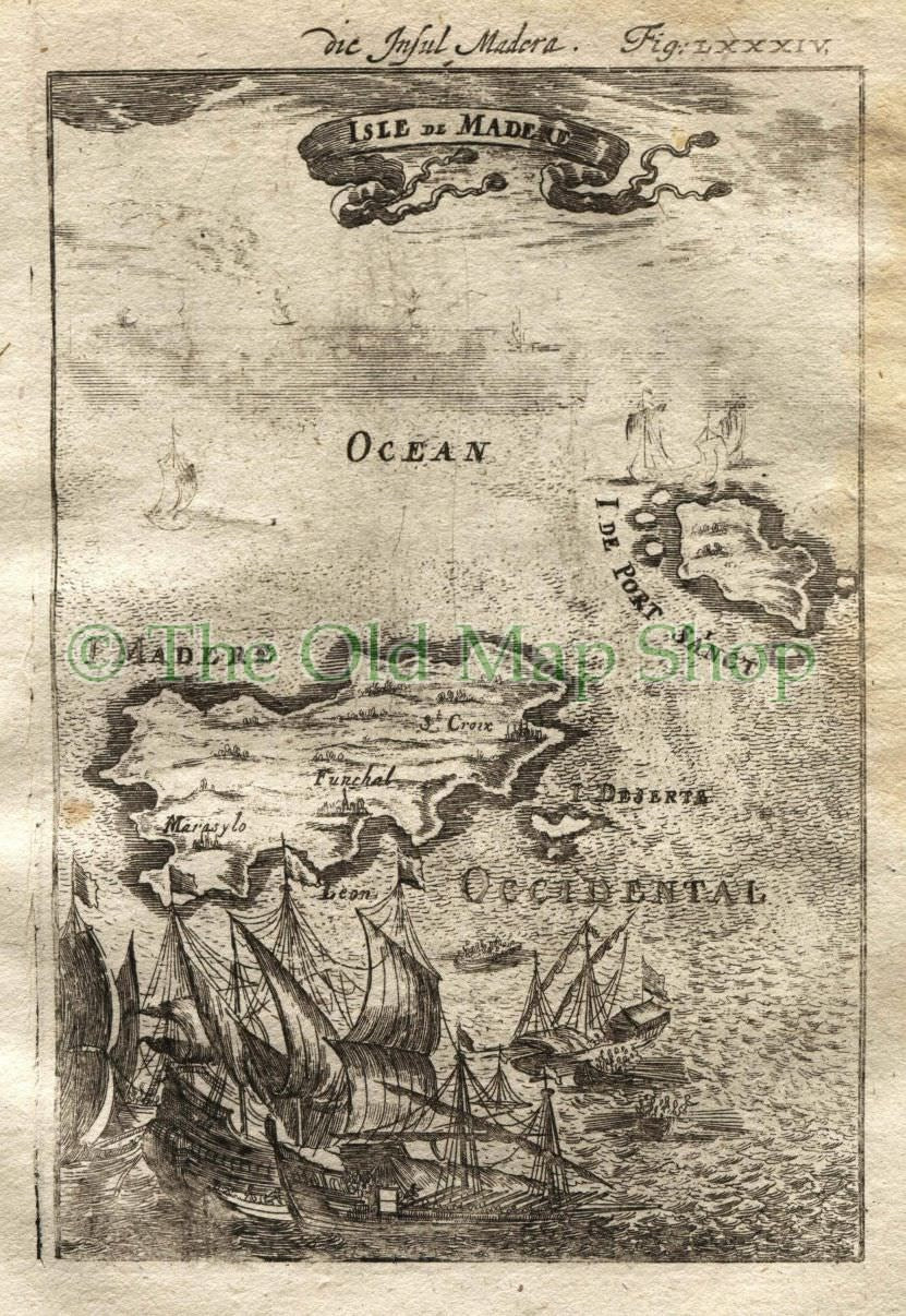 1719 Manesson Mallet "Isle de Madere" Madeira Island, Funchal, Porto Santo, , Antique Map, Print