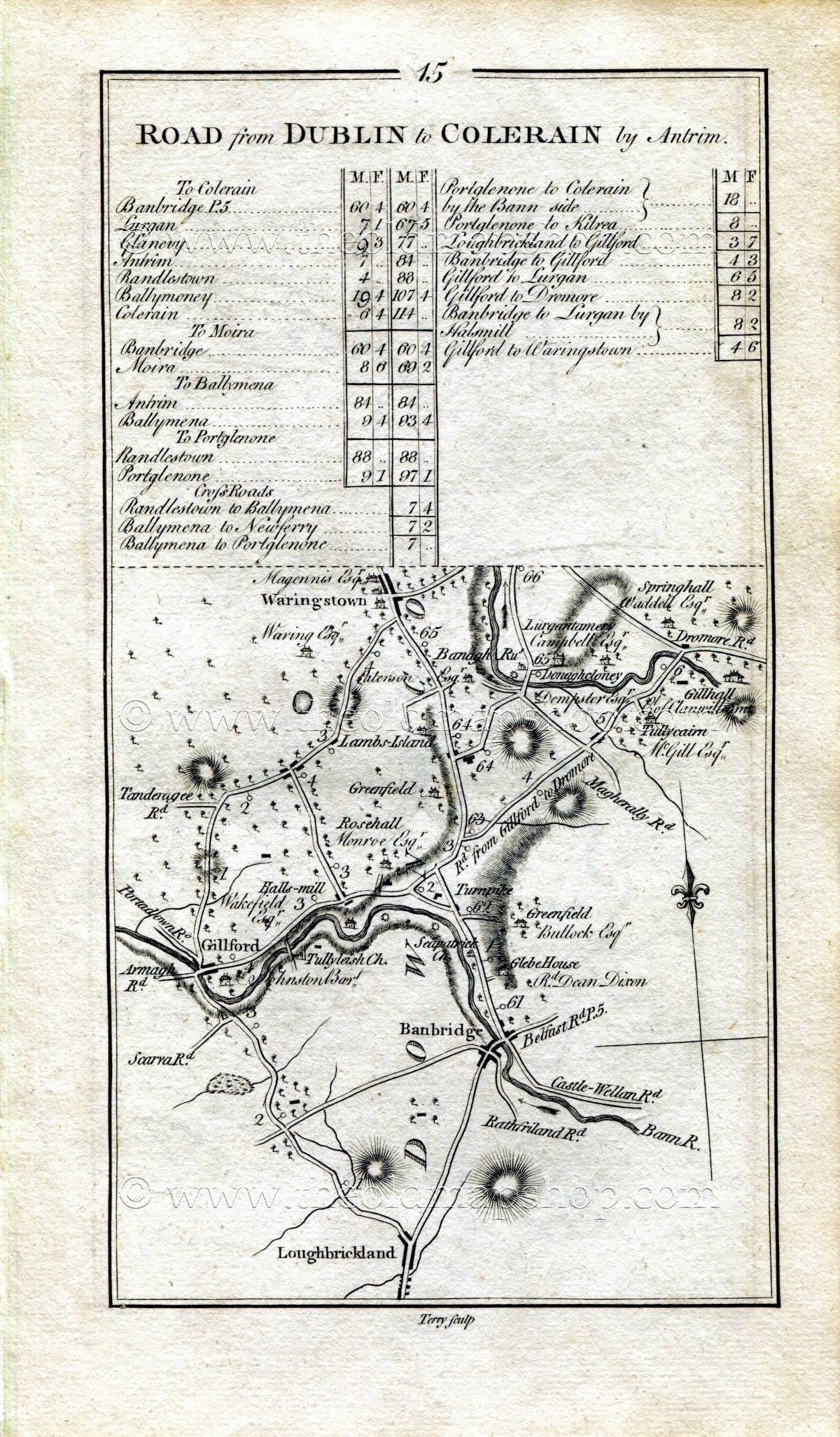 1778 Taylor & Skinner Antique Ireland Road Map 15/16 Loughbrickland Banbridge Gilford Lurgan Magheralin Aghalee Ballinderry Glenavy Crumlin