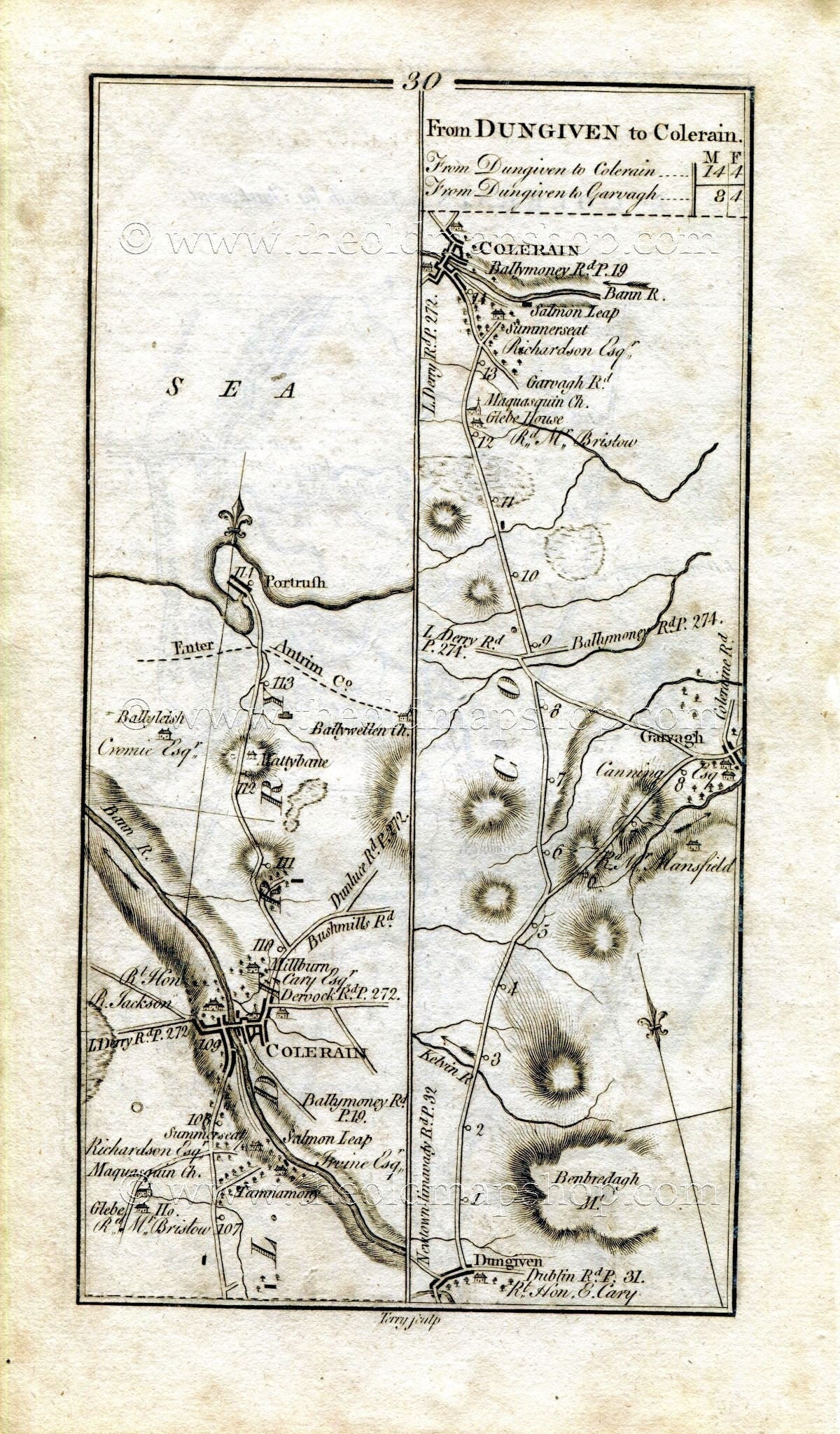1778 Taylor & Skinner Ireland Road Map Antique 29/30 Swatragh Garvagh Kilrea Aghadowey Agivey Coleraine Portrush Dungiven County Londonderry