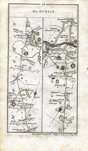1778 Taylor & Skinner Antique Ireland Road Map 33/34 Drogheda Tullyallen Collon Ardee Tallanstown Rahans Donaghmoyne Castleblayney Monoghan